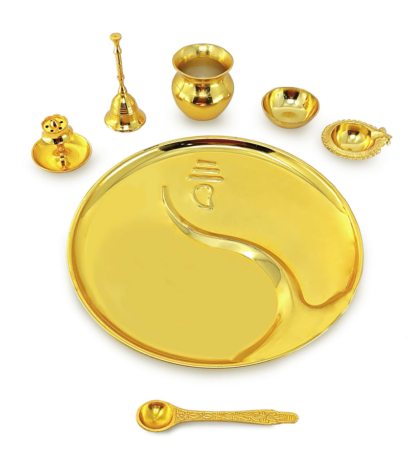 NOBILITY Pooja Thali Set Gold Plated with Gift Box 22 cm Designed Puja Plate Kalash Ghanti Bowl Spoon Dhup Dan Kuber Diya for Housewarming Diwali Wedding Gift Items