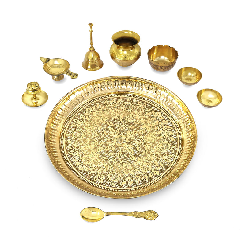 NOBILITY Brass Pooja Thali Set 10 Inch for Diwali Home Office Mandir Wedding Return Gift Items