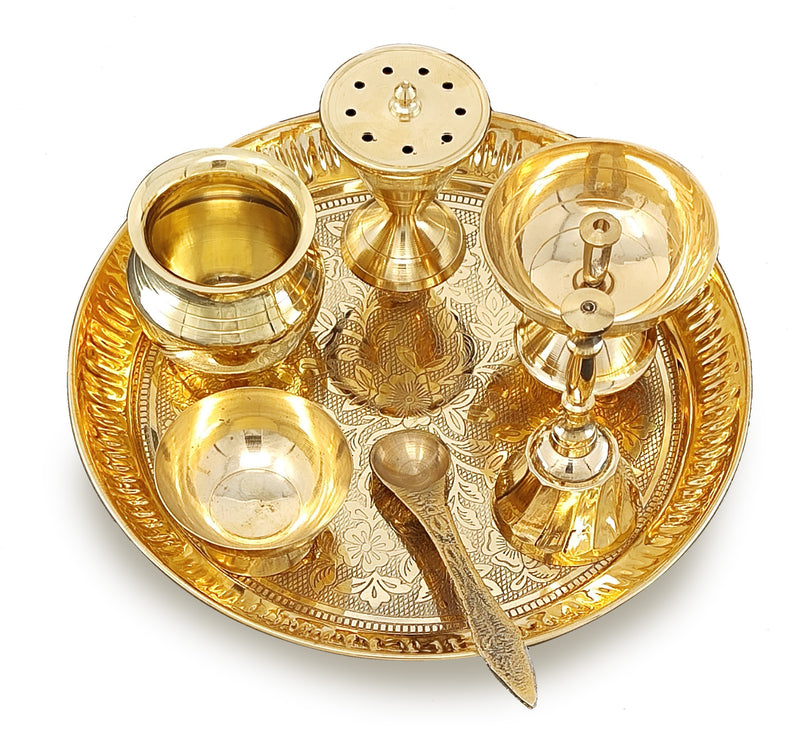 NOBILITY Brass Pooja Thali Set 7 Inch with Pital Puja Plate Kalash Bowl Spoon Dhup Dan Palli Ghanti Kuber Diya Chandan Wati Arti Thali for Diwali Home Office Mandir Wedding Return Gift Items