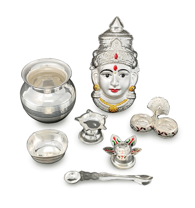 NOBILITY Silver Plated Pooja thali Set with Varalakshmi Devi Mukhota Idol Statue