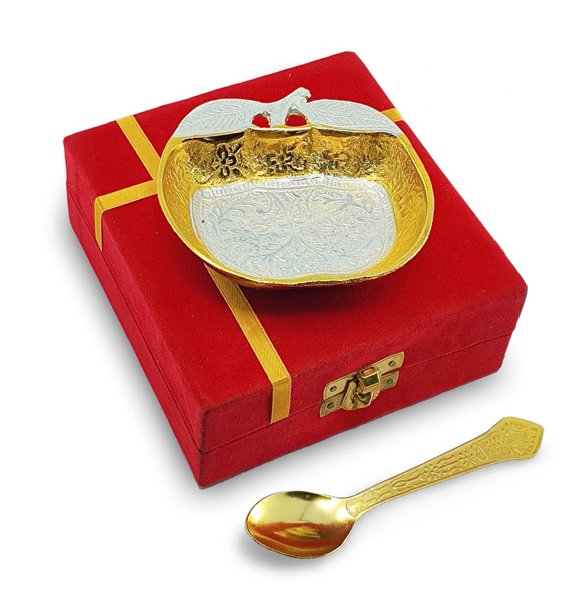 NOBILITY Bowl Spoon Set Gold and Silver Plated Leaf Shaped Designed with Velvet Box Dry Fruit Dessert Serving Sets Friends Family Home Decorative Corporate Gifts Wedding Return Gift