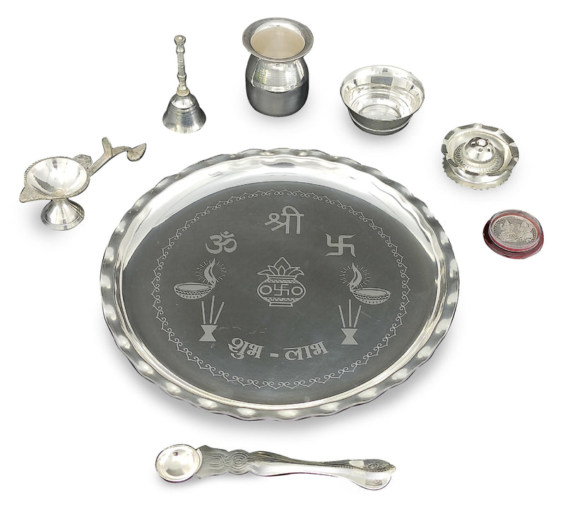 NOBILITY Silver Plated Pooja Thali Set 9.5 Inch Plate with Bowl Lotti Ghanti Palli Coin Diya Dhup Dan for Puja Diwali Home Decor Temple Office Wedding Return Gift Items