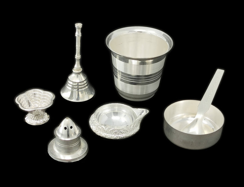 NOBILITY Silver Plated Pooja thali Set 8 Inch with Plate Ghanti Bowl Spoon Dhup Dan Kuber Diya Kumkum Stand Puja Thali for Diwali Home Mandir Office Wedding Return Gift Items