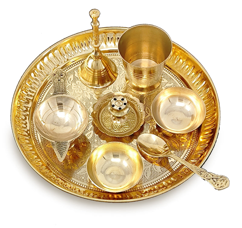 NOBILITY Brass Pooja Thali Set 7 Inch with Pital Puja Plate Kalash Bowl Spoon Dhup Dan Palli Ghanti Kuber Diya Chandan Wati Arti Thali for Diwali Home Office Mandir Wedding Return Gift Items