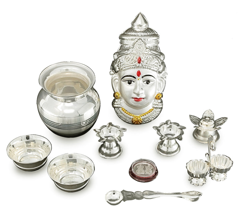 NOBILITY Silver Plated Pooja thali Set with Varalakshmi Devi Mukhota Idol Statue