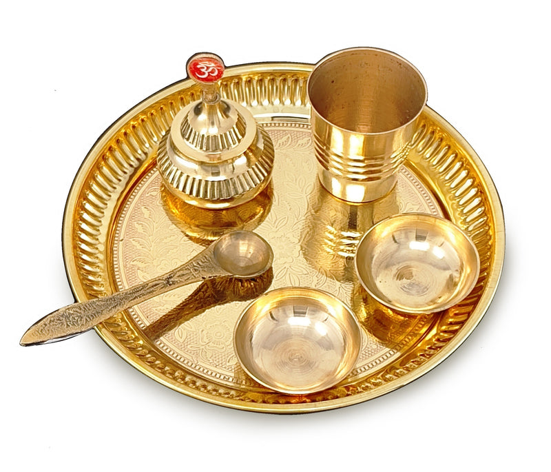 NOBILITY Brass Pooja Thali Set 6 Inch Puja Thali with Pital Plate Plate Glass Chandan Wati Sindoor Dibbi Palli Arti Thali for Diwali Home Office Mandir Wedding Return Gift Items