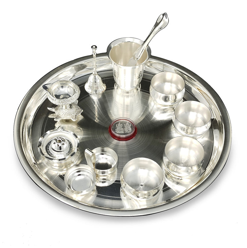 NOBILITY Silver Plated Pooja Thali Set 12 Inch with Accessories Daily Puja Decorative Item for Home Mandir Office Diwali Wedding Return Gift Items