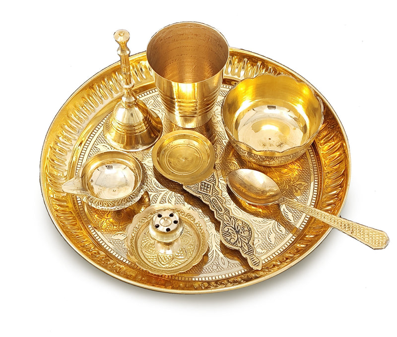 NOBILITY Brass Pooja Thali Set 7 Inch with Pital Puja Plate Kalash Bowl Spoon Dhup Dan Palli Ghanti Kuber Diya Chandan Wati Arti Thali for Diwali Home Office Mandir Wedding Return Gift Items