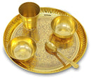NOBILITY Brass Pooja Thali Set 8 Inch Puja Bhog Thali with Pital Plate Bowl Glass Spoon Arti Thali for Diwali Home Office Mandir Wedding Return Gift Items