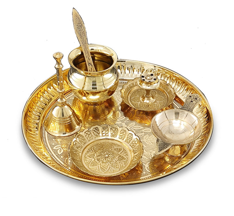 NOBILITY Brass Pooja Thali Set 7 Inch with Pital Puja Plate Kalash Bowl Spoon Dhup Dan Palli Ghanti Kuber Diya Chandan Wati Arti Thali for Diwali Home Office Mandir Wedding Return Gift Items