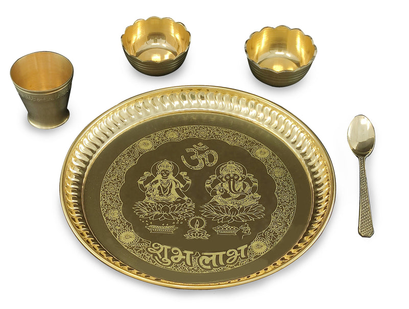 NOBILITY Brass Pooja thali Set 8 Inch with Pital Plate Bowl Glass Spoon Daily Puja Bhog Thali for Diwali Home Mandir Office Wedding Return Gift Items