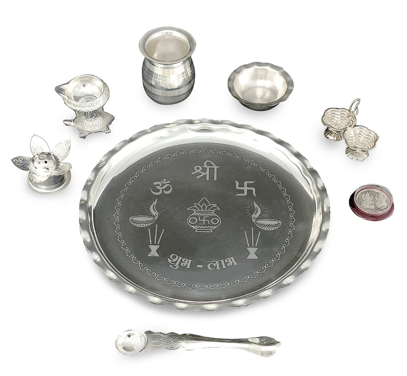 NOBILITY Silver Plated Pooja thali Set 9.5 Inch with Plate Tortoise Diya Haldi Kumkum Stand Kalash Palli Bowl Dhup Dan Puja Thali for Home Mandir Office Diwali Wedding Return Gift Items