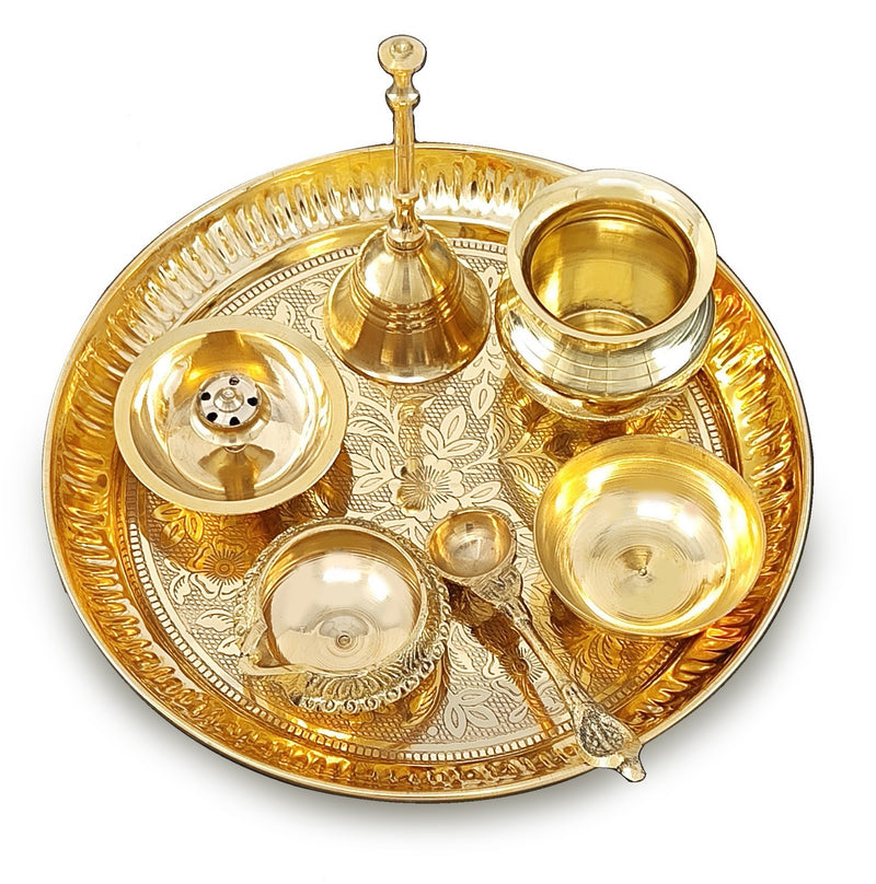 NOBILITY Brass Pooja Thali Set 7 Inch with Pital Puja Plate Kalash Bowl Spoon Dhup Dan Palli Ghanti Kuber Diya Chandan Wati Arti Thali for Diwali Home Office Mandir Wedding Return Gift Items