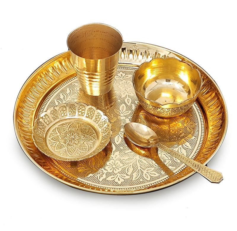 NOBILITY Brass Pooja Thali Set 7 Inch with Pital Puja Plate Kalash Bowl Spoon Dhup Dan Palli Ghanti Kuber Diya Chandan Wati Arti Thali for Diwali Home Office Mandir Wedding Return Gift Items