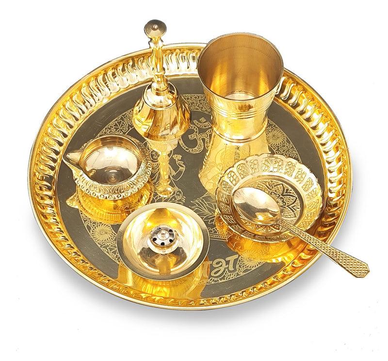 NOBILITY Brass Pooja Thali Set 8 Inch with Pital Puja Plate Glass Kangura Plate Spoon Dhup Dan Kuber Deep Ghanti Arti Thali for Diwali Home Office Mandir Wedding Return Gift Items