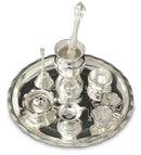 NOBILITY Silver Plated Pooja thali Set 8 Inch with Plate Ghanti Bowl Palli Dhup Dan Diya Kumkum Stand Puja Thali for Diwali Home Mandir Office Wedding Return Gift Items