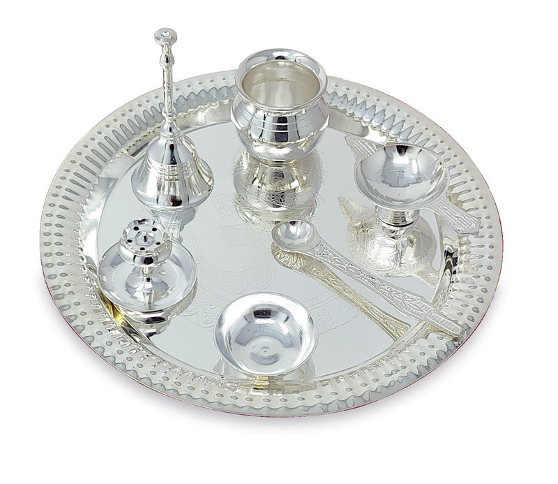 NOBILITY Pooja Thali Set Silver Plated with Grey Gift Box Om Designed 22 cm Puja Plate Kalash Bowl Ghanti Spoon Dhup Dan Diya for Home Office Diwali Wedding Return Gift Items