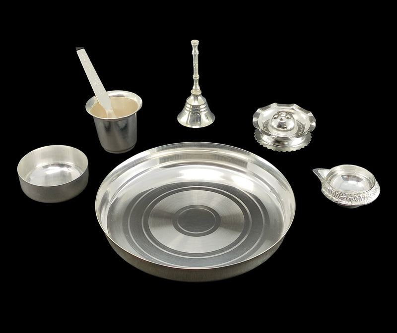 NOBILITY Silver Plated Pooja Thali Set Small 6 Inch Plate Ghanti Glass Kuber Diya Bowl Spoon Agarbatti Stand Puja Decorative Items for Home Mandir Office Wedding Return Gift Items