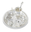 NOBILITY Subh Labh Pooja Thali Set Silver Plated with Red Gift Box Designed Puja Plate 8 Inch for Home Office Diwali Wedding Return Gift Items