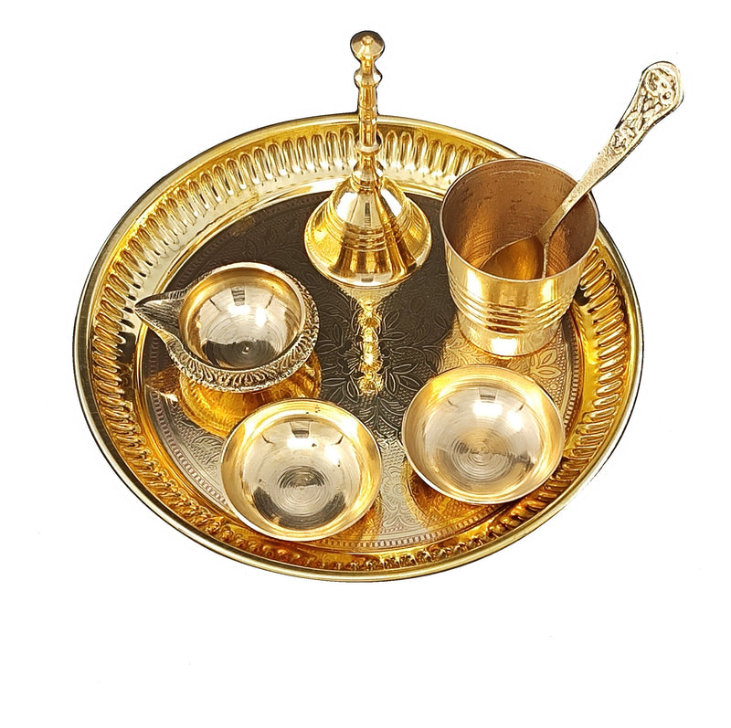 NOBILITY Brass Pooja Thali Set 6 Inch Puja Thali with Pital Plate Glass Chandan Vati Kuber Deep Ghanti Spoon Arti Thali for Diwali Home Office Mandir Wedding Return Gift Items