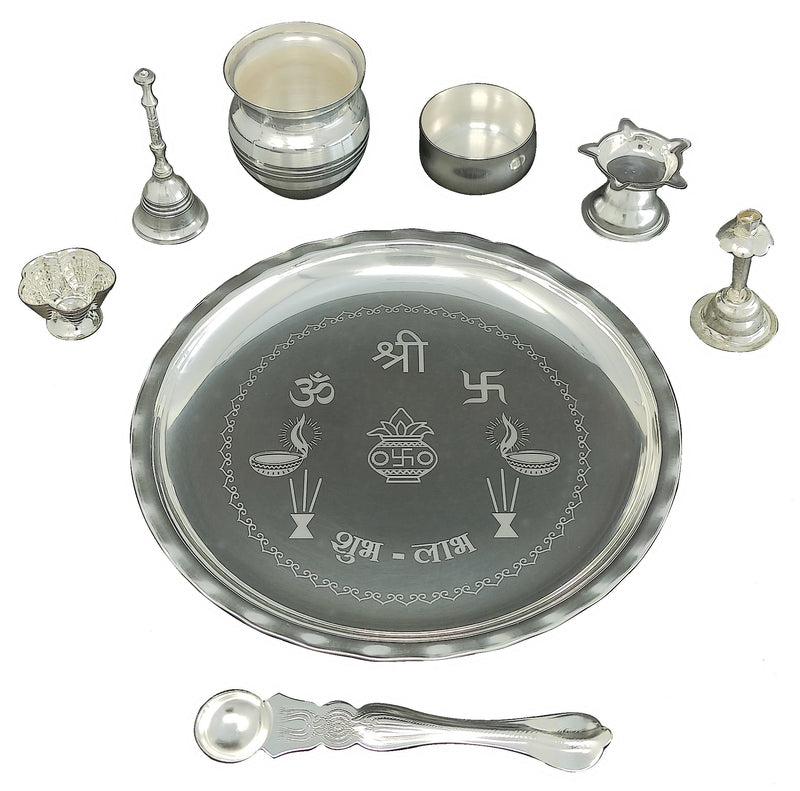 NOBILITY Silver Plated Pooja thali Set 08 Inch Festival Ethnic Puja Thali Items for Home, Office, Mandir, Weeding Gift