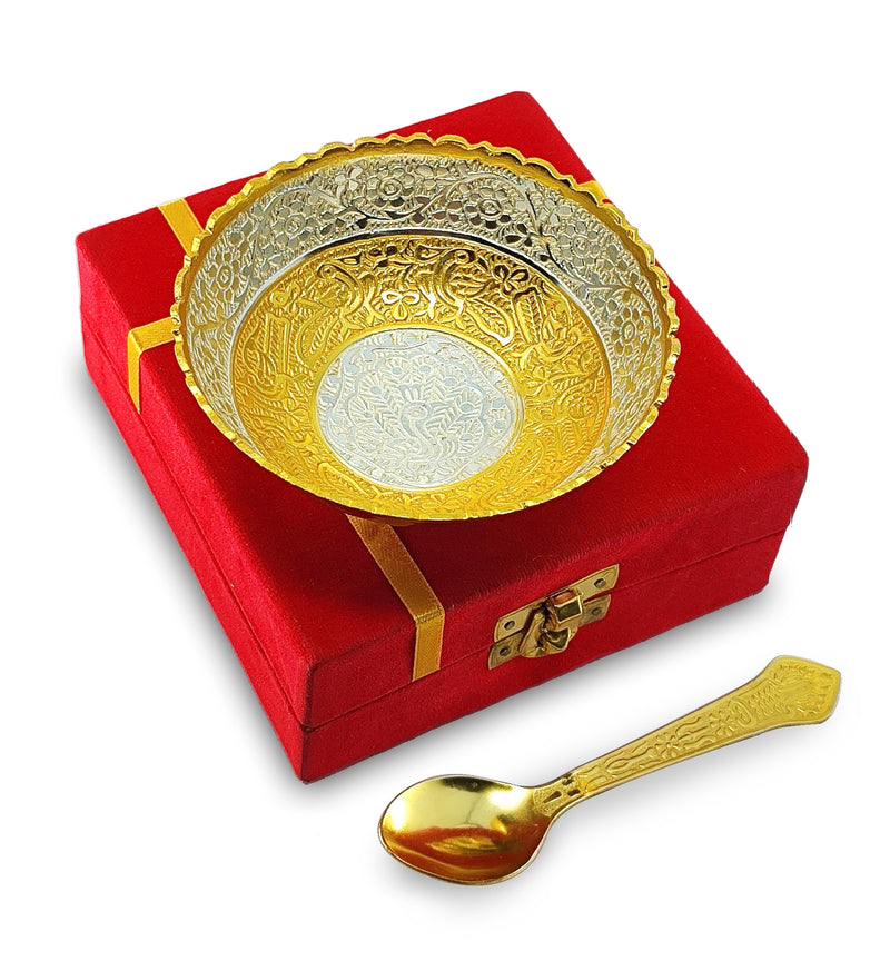 NOBILITY Bowl Spoon Set Gold and Silver Plated Leaf Shaped Designed with Velvet Box Dry Fruit Dessert Serving Sets Friends Family Home Decorative Corporate Gifts Wedding Return Gift