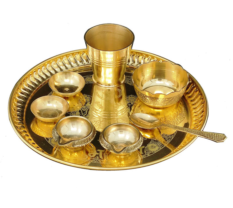 NOBILITY Brass Pooja thali Set 8 Inch with Pital Plate Glash Spoon Chandan Bowls Prasad Bowl Puja Arti Thali for Diwali Home Mandir Office Wedding Return Gift Items