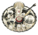 NOBILITY Silver Plated Pooja thali Set 8 Inch with Plate Bowl Glass Palli Diya Coin Puja Thali for Diwali Home Office Mandir Wedding Return Gift Items