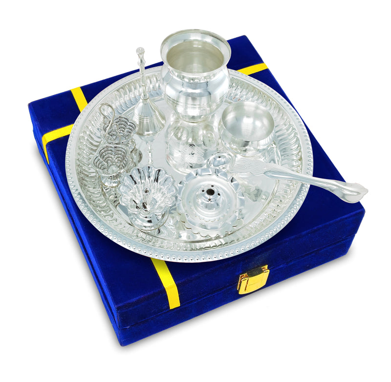 NOBILITY Subh Labh Pooja Thali Set Silver Plated with Blue Gift Box Designed Puja Plate 8 Inch for Home Office Diwali Wedding Return Gift Items