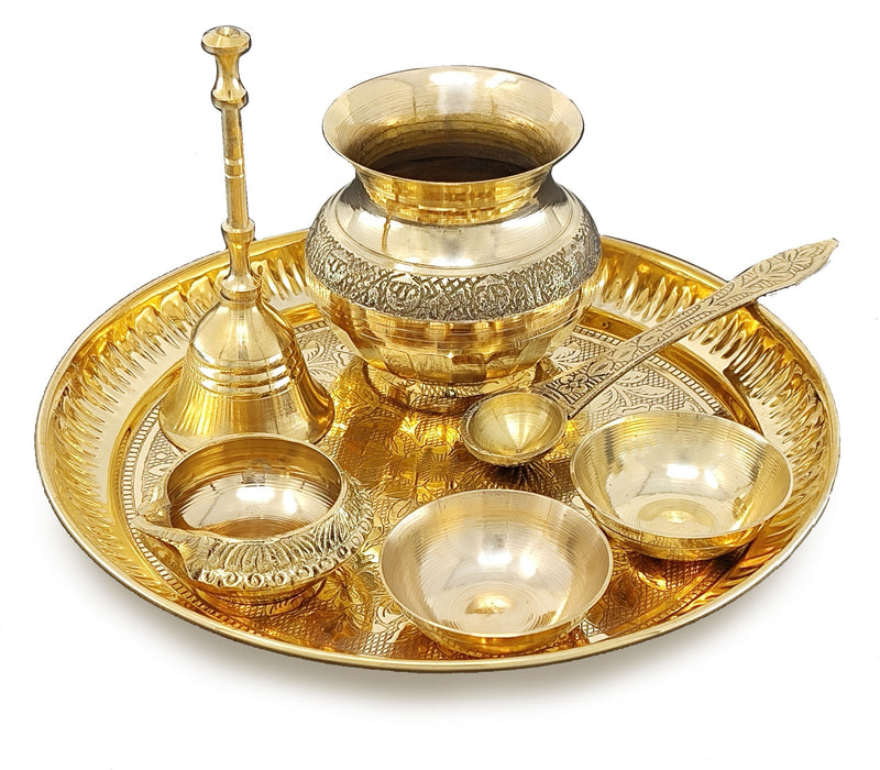 NOBILITY Brass Pooja Thali Set 7 Inch with Pital Puja Plate Kalash Bowl Spoon Dhup Dan Palli Ghanti Kuber Diya Chandan Wati Arti Thali for Diwali Home Office Mandir Wedding Return Gift Items