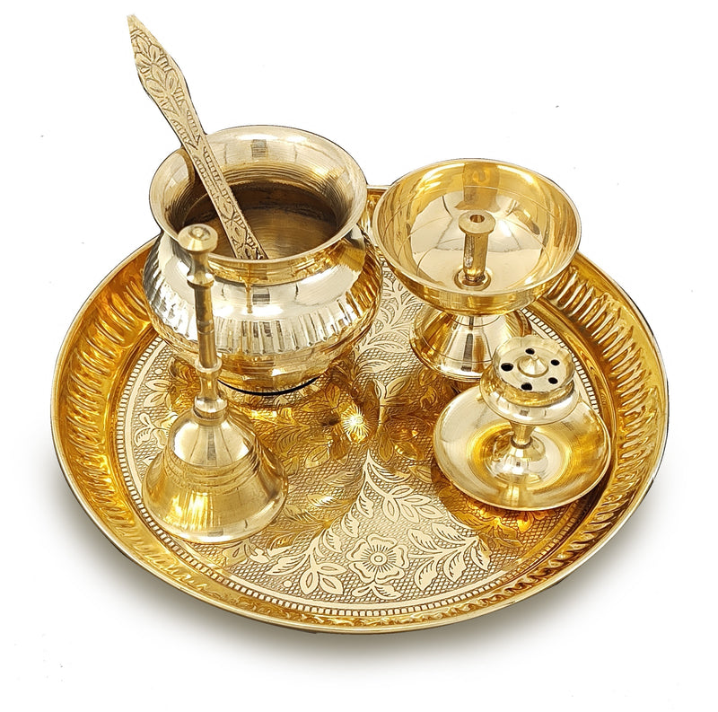 NOBILITY Brass Pooja Thali Set 7 Inch with Pital Puja Plate Kalash Bowl Spoon Dhup Dan Palli Ghanti Kuber Diya Chandan Wati Arti Thali for Diwali Home Office Mandir Wedding Return Gift Items