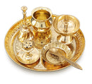 NOBILITY Brass Pooja Thali Set 7 Inch with Pital Puja Plate Kalash Bowl Spoon Dhup Dan Palli Ghanti Kuber Diya Chandan Wati Arti Thali for Diwali Home Office Mandir Wedding Return Gift Items