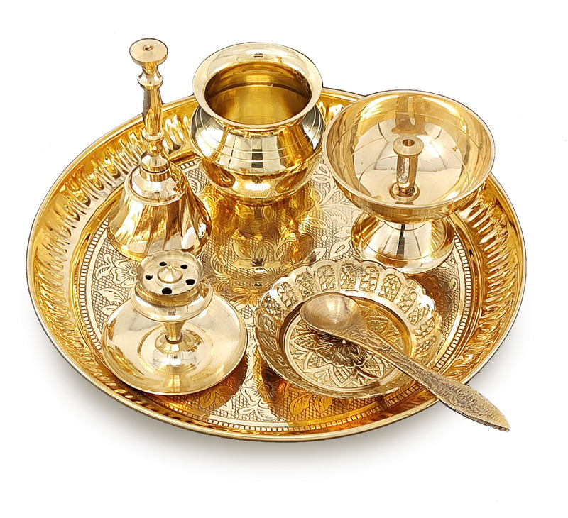 NOBILITY Brass Pooja Thali Set 7 Inch with Pital Puja Plate Kalash Bowl Spoon Dhup Dan Palli Ghanti Kuber Diya Chandan Wati Arti Thali for Diwali Home Office Mandir Wedding Return Gift Items