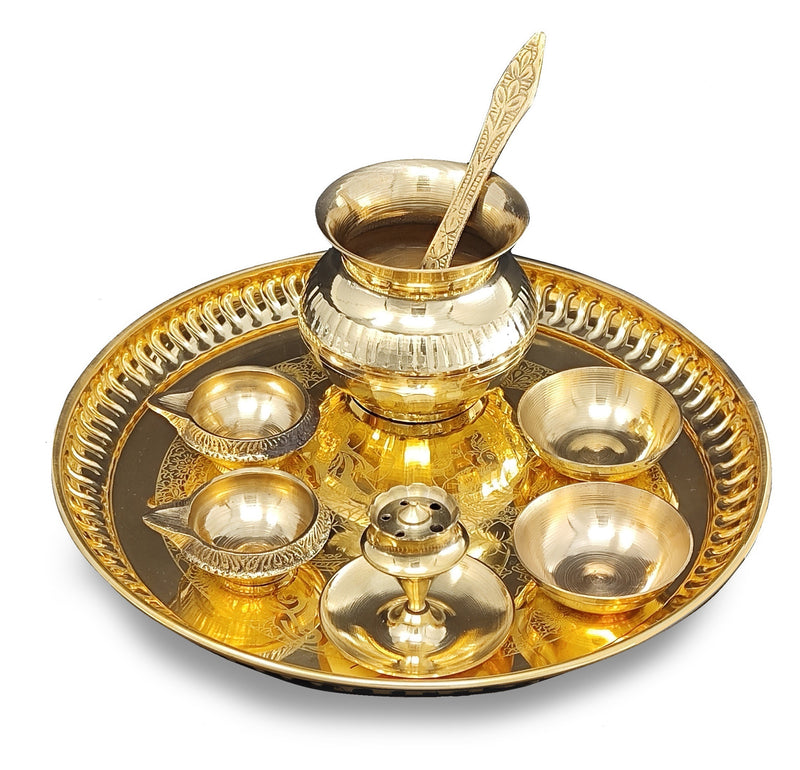 NOBILITY Brass Pooja Thali Set 8 Inch with Pital Plate Kalash Spoon Kuber Diya Bowls Dhub Dan Puja Thali for Diwali Home Office Mandir Wedding Return Gift Items