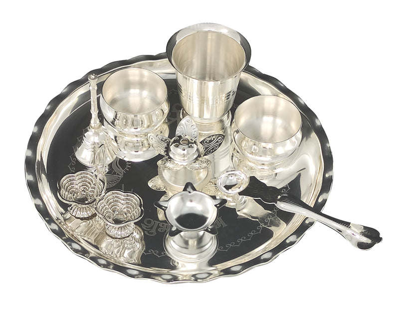 NOBILITY Silver Plated Pooja thali Set 9.5 Inch with Plate Palli Haldi Kumkum Stand Diya Glass Bowl Dhup Dan Ghanti Puja Thali for Home Mandir Office Diwali Wedding Return Gift Items