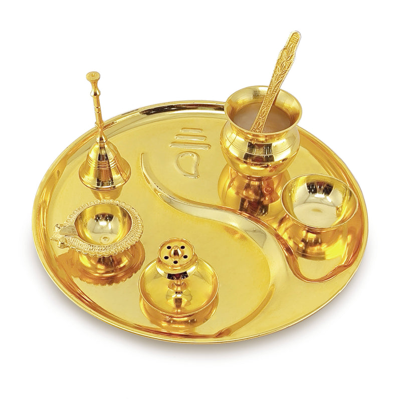 NOBILITY Pooja Thali Set Gold Plated with Gift Box 22 cm Designed Puja Plate Kalash Ghanti Bowl Spoon Dhup Dan Kuber Diya for Housewarming Diwali Wedding Gift Items