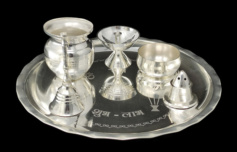 NOBILITY Silver Plated Pooja thali Set 7 Inch Plate Glash Spoon Diya Kumkum Stand Bowl Agarbatti Stand Daily Puja Thali for Diwali, Home, Temple, Office, Wedding Return Gift Items