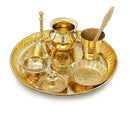 NOBILITY Brass Pooja Thali Set 7 Inch with Pital Puja Plate Kalash Bowl Spoon Dhup Dan Palli Ghanti Kuber Diya Chandan Wati Arti Thali for Diwali Home Office Mandir Wedding Return Gift Items