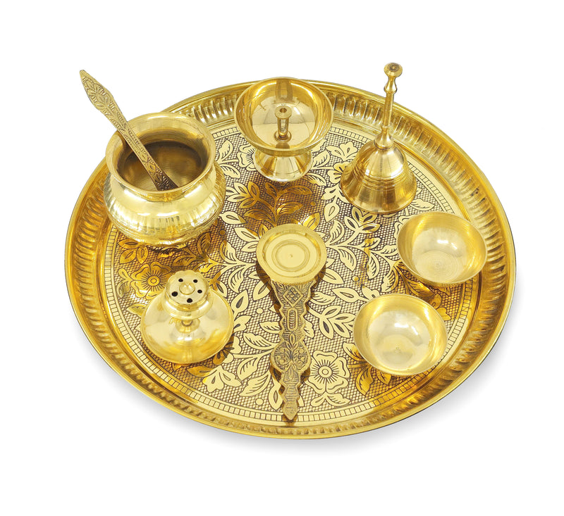 NOBILITY Brass Pooja Thali Set 10 Inch for Diwali Home Office Mandir Wedding Return Gift Items