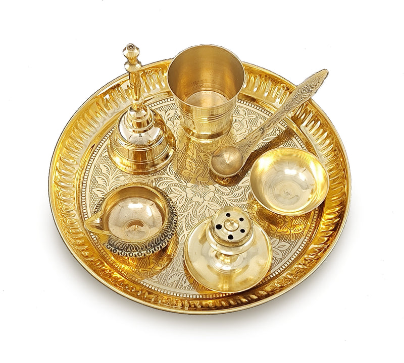 NOBILITY Brass Pooja Thali Set 7 Inch with Pital Puja Plate Kalash Bowl Spoon Dhup Dan Palli Ghanti Kuber Diya Chandan Wati Arti Thali for Diwali Home Office Mandir Wedding Return Gift Items