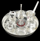 NOBILITY Silver Plated Pooja thali Set 7 Inch Plate Bowl Dhup Dan Diya Ghanti Glass Bowl Spoon Ganesh Lakshmi Desihn Coin Puja Thali for Diwali, Home, Temple, Office, Wedding Gift Items
