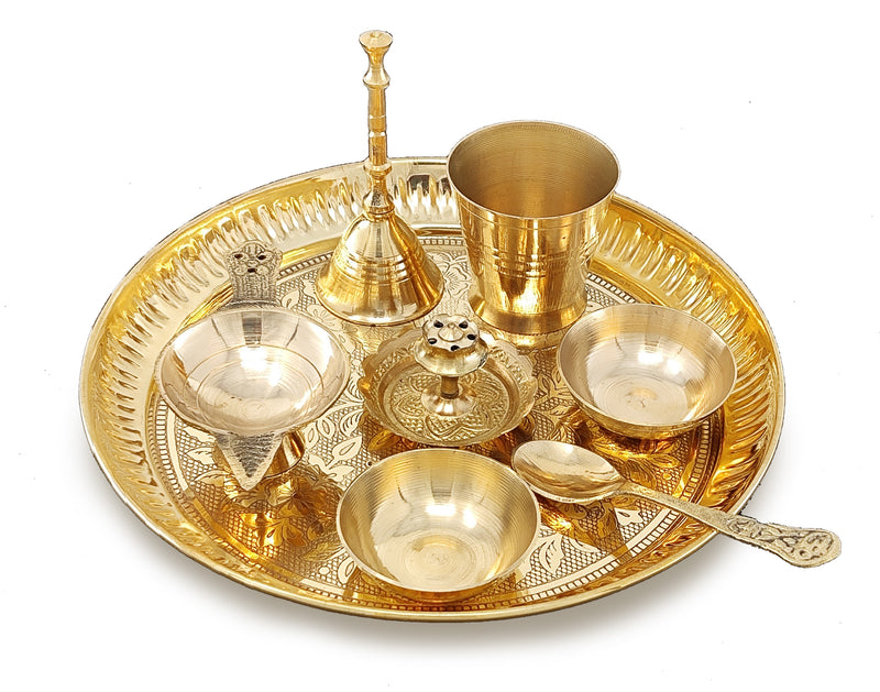 NOBILITY Brass Pooja Thali Set 7 Inch with Pital Puja Plate Kalash Bowl Spoon Dhup Dan Palli Ghanti Kuber Diya Chandan Wati Arti Thali for Diwali Home Office Mandir Wedding Return Gift Items