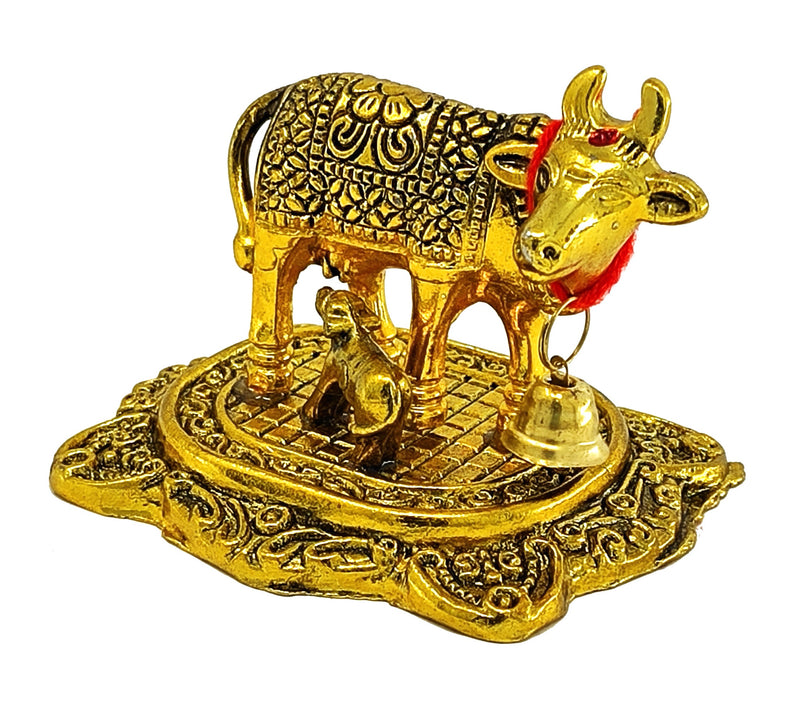 NOBILITY Small Kamdhenu Cow with Calf Metal Statue with Red Velvet Gift Box Decorative Item Showpiece for Home Office Diwali Decoration items Wedding Return Gifts