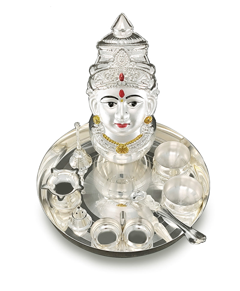 NOBILITY Silver Plated Pooja thali Set with Varalakshmi Devi Mukhota Idol Statue