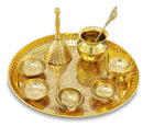 NOBILITY Brass Pooja Thali Set 8 Inch Puja Thali with Pital Plate Kalash Chandan Vati Dhup Dan Kuber Diya Ghanti Palli Arti Thali for Diwali Home Office Mandir Wedding Return Gift Items