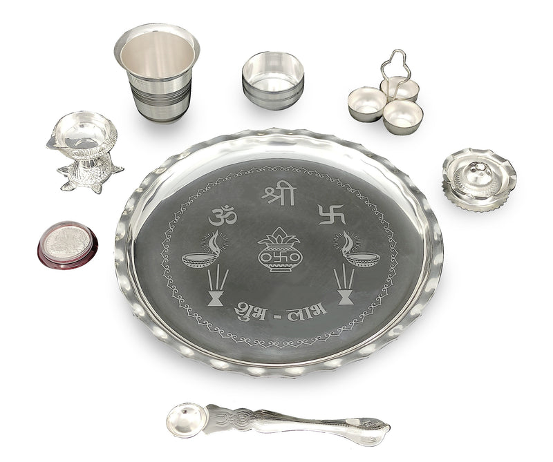 NOBILITY Pooja Thali Set Silver Plated 9.5 Inch Plate with Coin Glass Bowl Tortoise Diya Dhup Dan Palli Kumkum Stand for Puja Diwali Home Decor Temple Office Wedding Return Gift Items