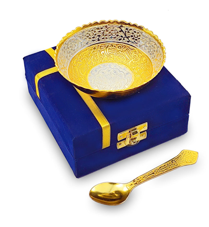 NOBILITY Bowl Spoon Set Gold and Silver Plated Leaf Shaped Designed with Velvet Box Dry Fruit Dessert Serving Sets Friends Family Home Decorative Corporate Gifts Wedding Return Gift