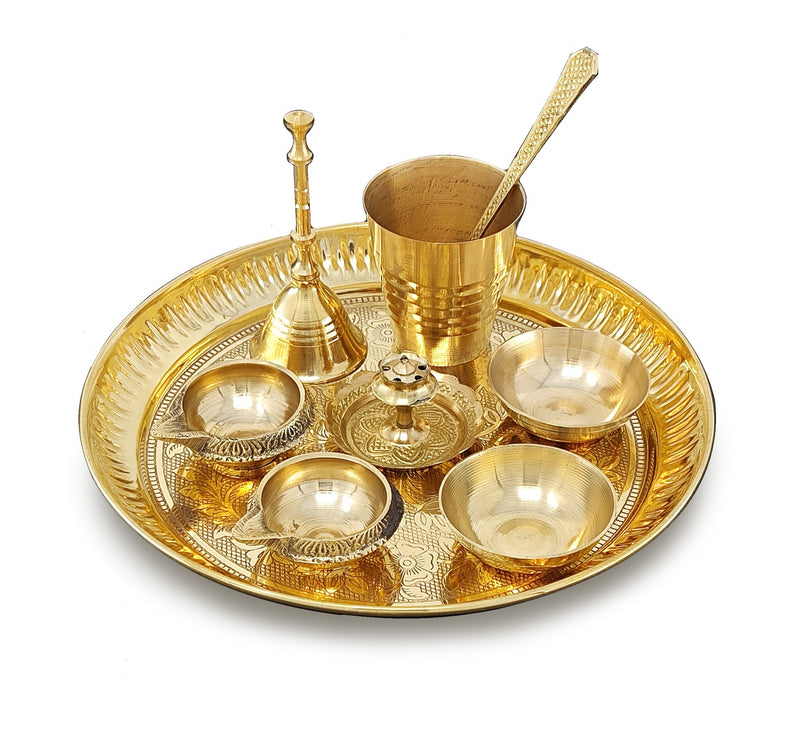 NOBILITY Brass Pooja Thali Set 7 Inch with Pital Puja Plate Kalash Bowl Spoon Dhup Dan Palli Ghanti Kuber Diya Chandan Wati Arti Thali for Diwali Home Office Mandir Wedding Return Gift Items