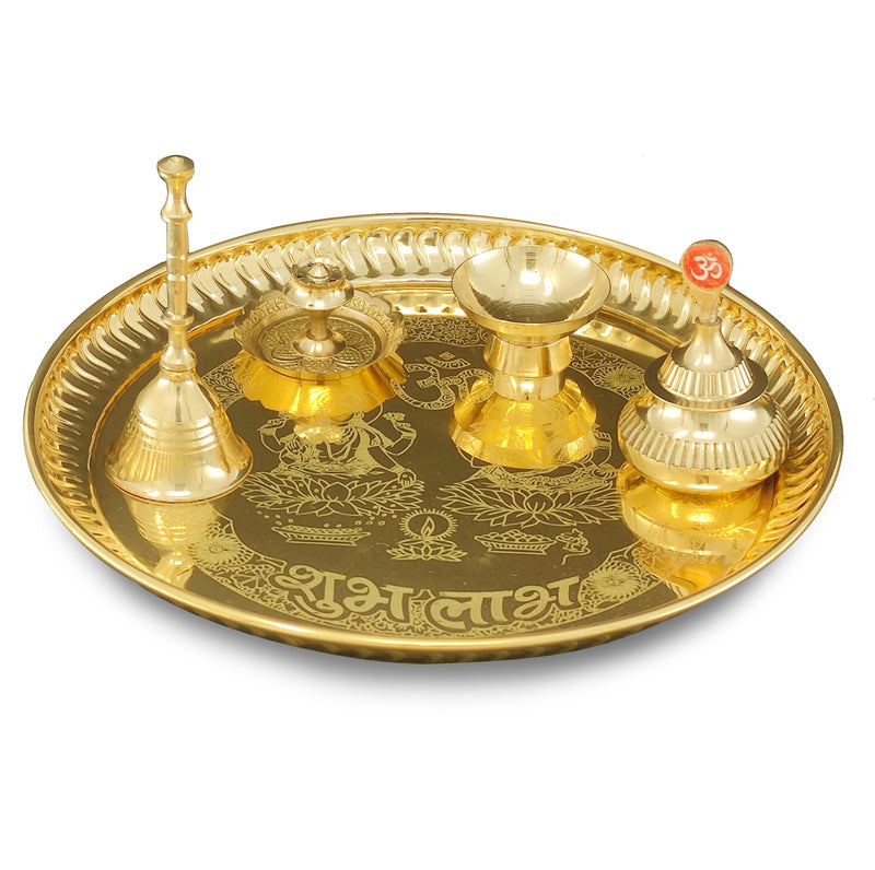 NOBILITY Brass Pooja thali 8 Inch with Kalash Kuber Diya Ghanti Spoon Bowl Dhup Dan Ganesh Lakshmi Design Puja Thali Set Festival Home Office Mandir Diwali Wedding Return Gift Items