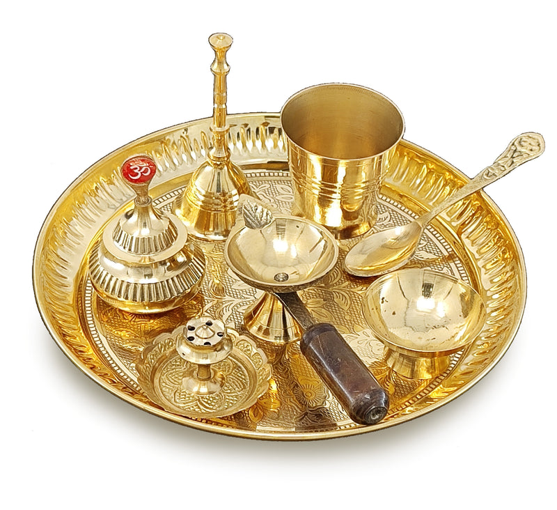 NOBILITY Brass Pooja Thali Set 7 Inch with Pital Puja Plate Kalash Bowl Spoon Dhup Dan Palli Ghanti Kuber Diya Chandan Wati Arti Thali for Diwali Home Office Mandir Wedding Return Gift Items